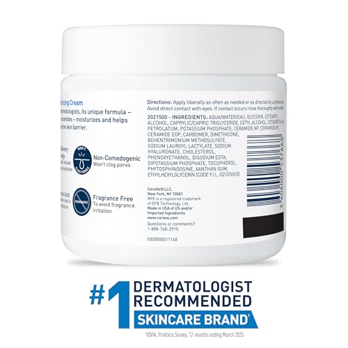 CeraVe Moisturizing Cream, Body and Face Moisturizer for Dry Skin, Body Cream with Hyaluronic Acid and Ceramides, Daily Moisturizer, Oil-Free, Fragrance Free, Non-Comedogenic, 19 Ounce