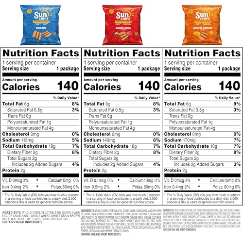 SunChips 100% Whole Grain Chips, Variety Pack, 1 oz Bags, Pack of 40, No Artificial Flavors, No Colors from Artificial Sources