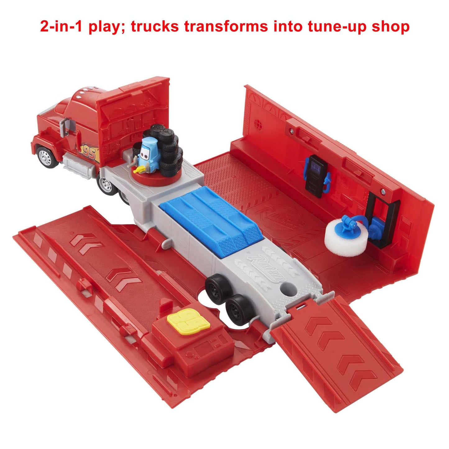 Mattel Disney and Pixar Cars Transforming Mack Playset, 2-in-1 Toy Truck & Tune-Up Station with Launcher, Lift & More, Movie-Inspired Graphics, Gift for Kids Ages 4 Years Old & Up