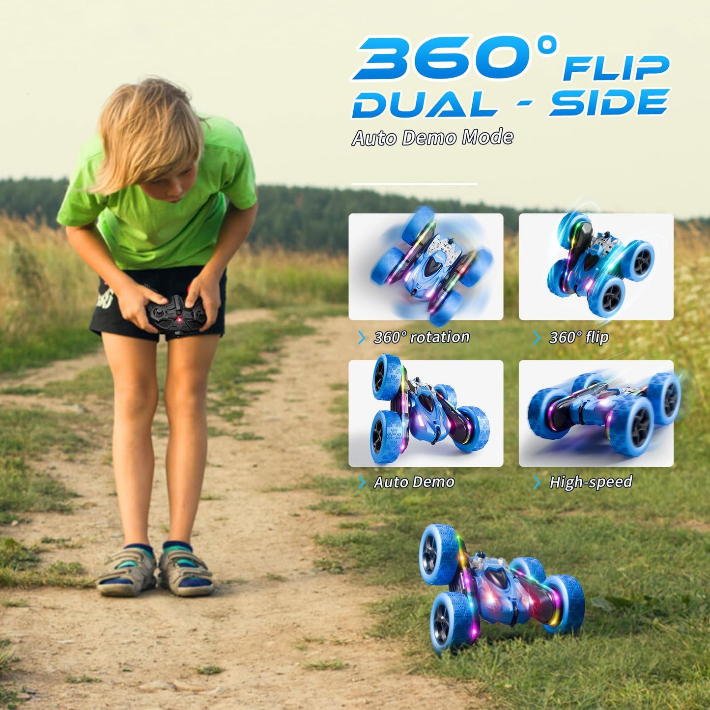 Zalneo Remote Control Stunt Car 4WD 360° Flip Double‑Sided RC Cars, LED Light Bar, USB‑C Modular Battery, 2.4 GHz Outdoor Beach Toy for Boys 6‑12 Years Old, Birthday & Christmas Kids Gift, Blue