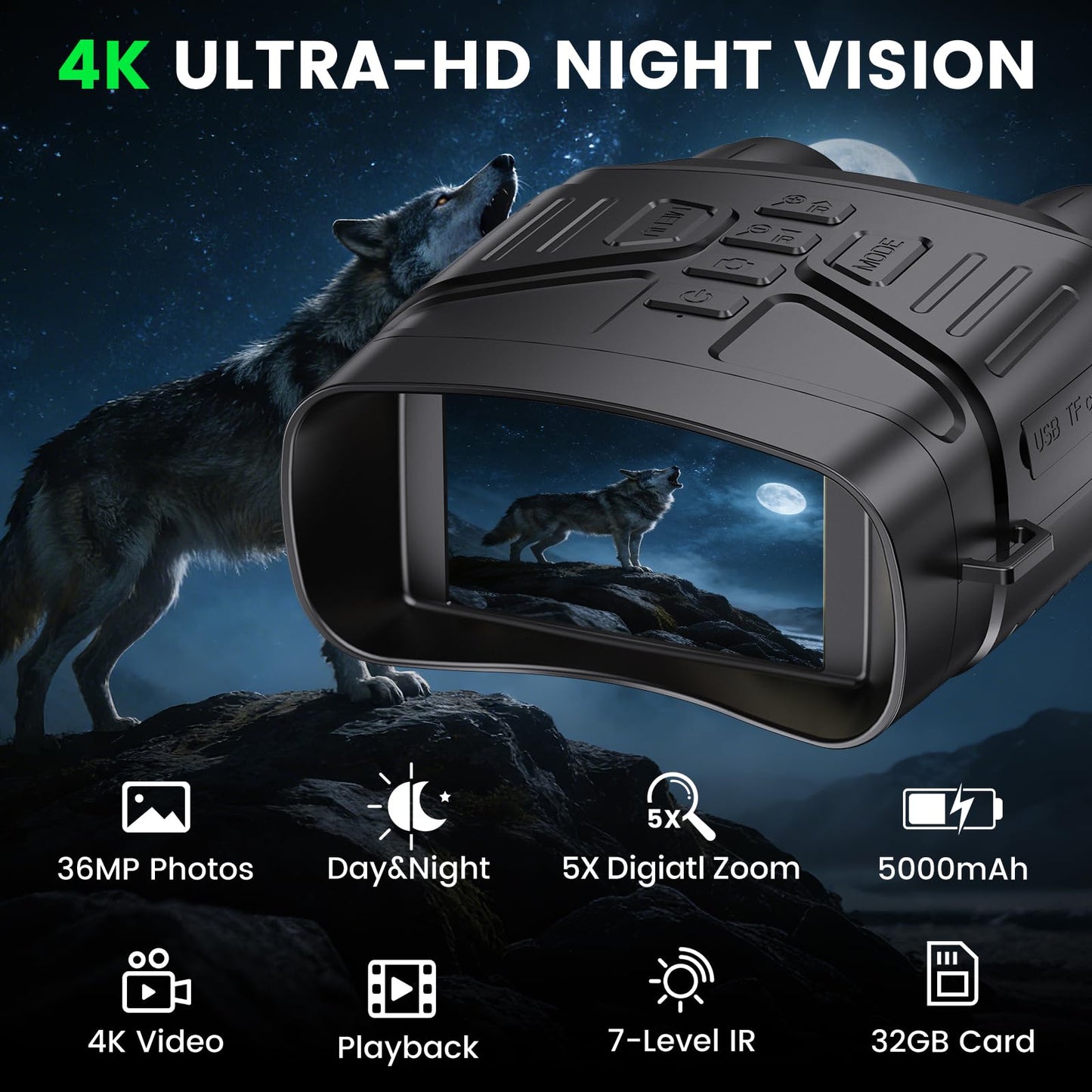 HEXEUM Night Vision Goggles, 4K Night Vision Binoculars for Adults with 5000mAh Battery, 3" HD Screen & 32GB Card for Hunting, Wildlife Observation, Security