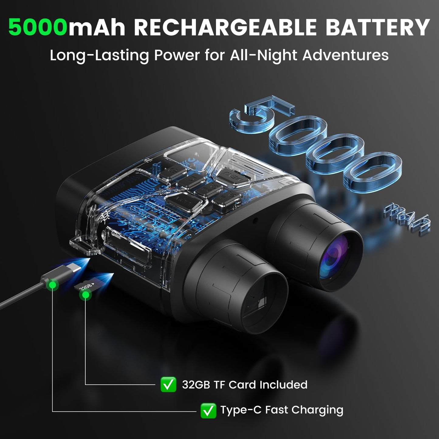 HEXEUM Night Vision Goggles, 4K Night Vision Binoculars for Adults with 5000mAh Battery, 3" HD Screen & 32GB Card for Hunting, Wildlife Observation, Security