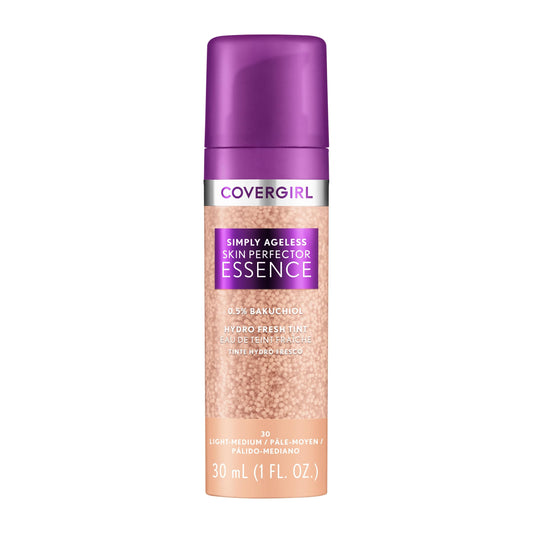 Covergirl Simply Ageless Skin Perfector Essence Foundation, 30 Light-Medium,Tinted Skincare Makeup Hybrid, Sheer Tint, Radiant Finish, Glowy Finish, Vegan Formula, 1.0oz