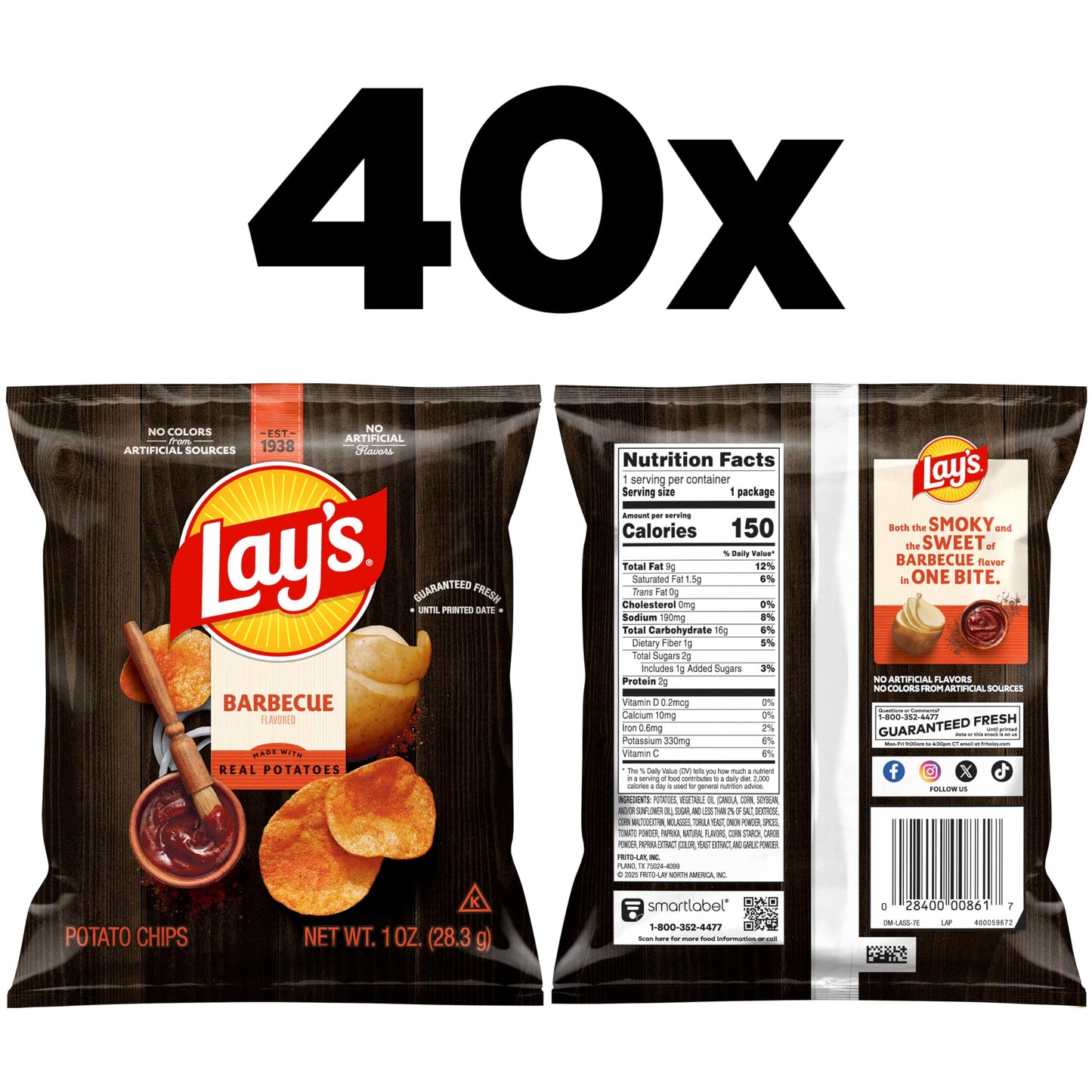 Lay's Barbecue Flavored Potato Chips, 1 oz Bags, (40 Pack) (Packaging and Formula May Vary)