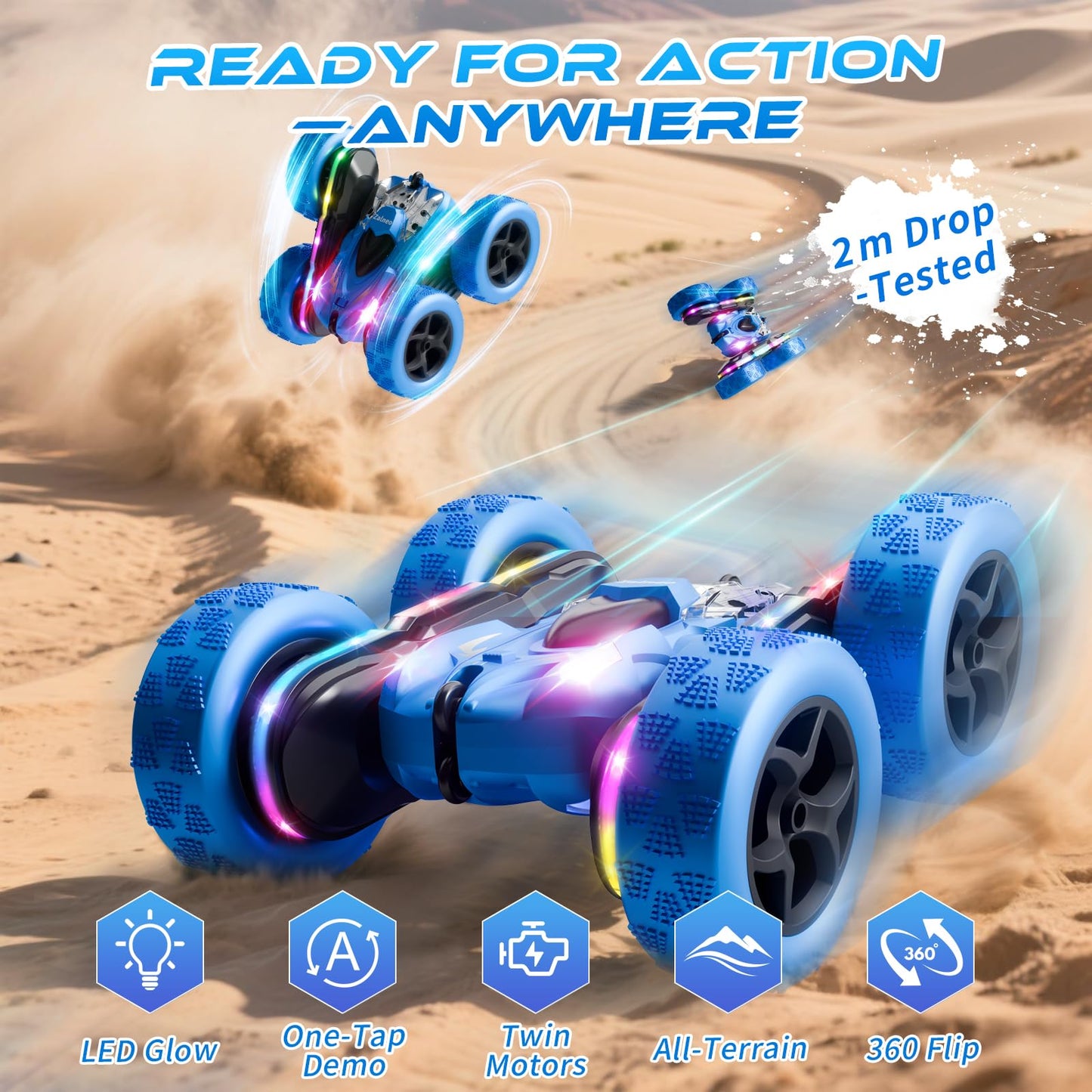 Zalneo Remote Control Stunt Car 4WD 360° Flip Double‑Sided RC Cars, LED Light Bar, USB‑C Modular Battery, 2.4 GHz Outdoor Beach Toy for Boys 6‑12 Years Old, Birthday & Christmas Kids Gift, Blue
