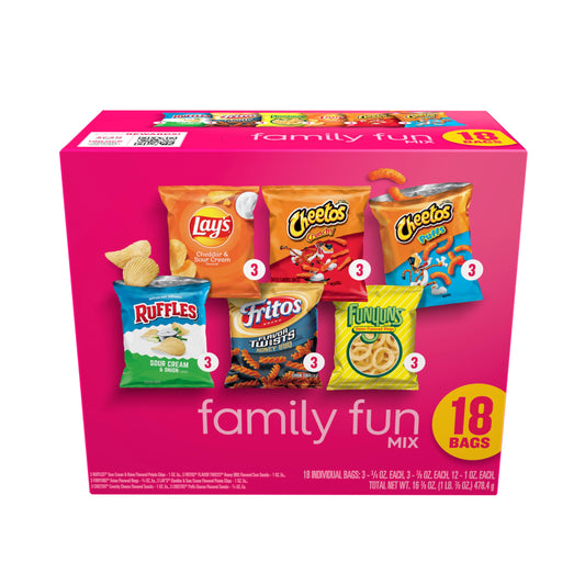 Frito-Lay Snacks Family Fun Mix Chips Variety Pack, Ruffles, Fritos, Cheetos, Lay's, Funyuns,18 Count(Pack of 1)(Assortment May Vary)