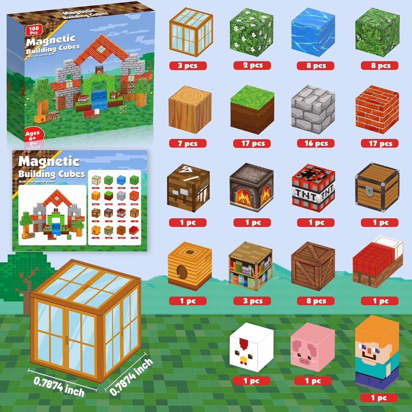 Goody King Magnetic Blocks |100PCS Magnetic Building Cube Game, Constructions Toys for Boys & Girls Age 3-4, 5 6 7 8 9 10, STEM Montessori Stacking Toy, Sensory Tiles Building Birthday for Toddlers
