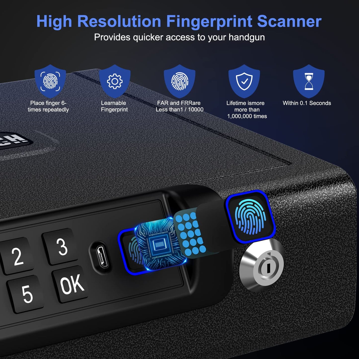Biometric Gun Safe for Pistols 3-Ways unlock Fingerprint Digital PIN Key Unlock Handgun Safe with Sound, Lock box for Cloakroom living room Bedroom Nightstand and Car BILLCONCH