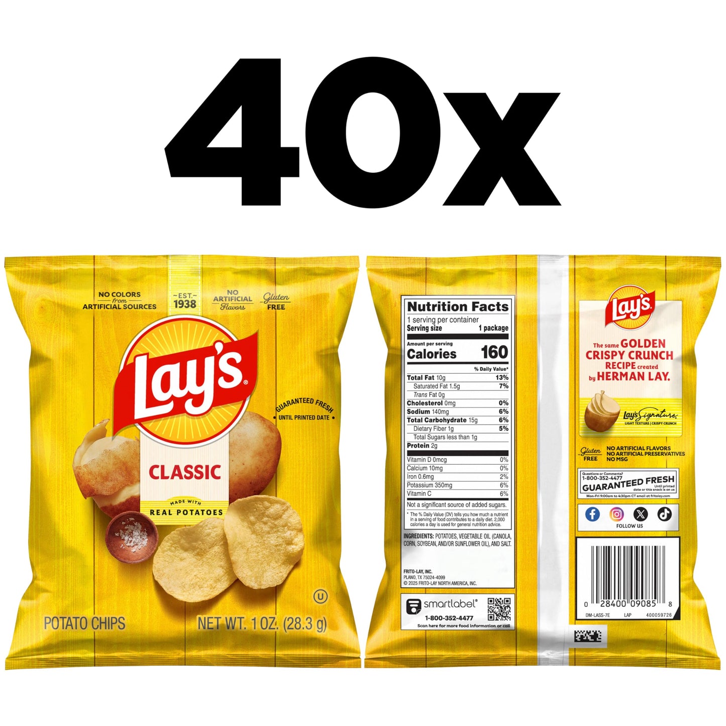 Lay's Potato Chips, Classic, 1 Ounce (Pack of 40)