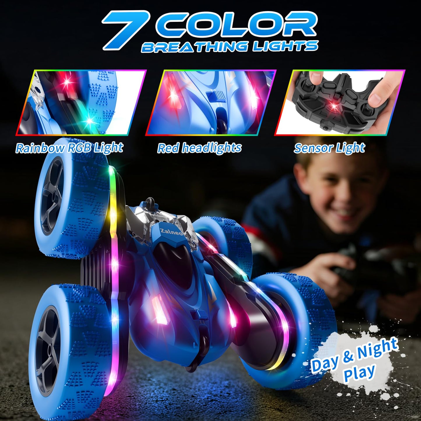 Zalneo Remote Control Stunt Car 4WD 360° Flip Double‑Sided RC Cars, LED Light Bar, USB‑C Modular Battery, 2.4 GHz Outdoor Beach Toy for Boys 6‑12 Years Old, Birthday & Christmas Kids Gift, Blue