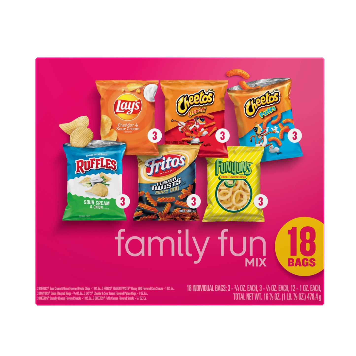 Frito-Lay Snacks Family Fun Mix Chips Variety Pack, Ruffles, Fritos, Cheetos, Lay's, Funyuns,18 Count(Pack of 1)(Assortment May Vary)