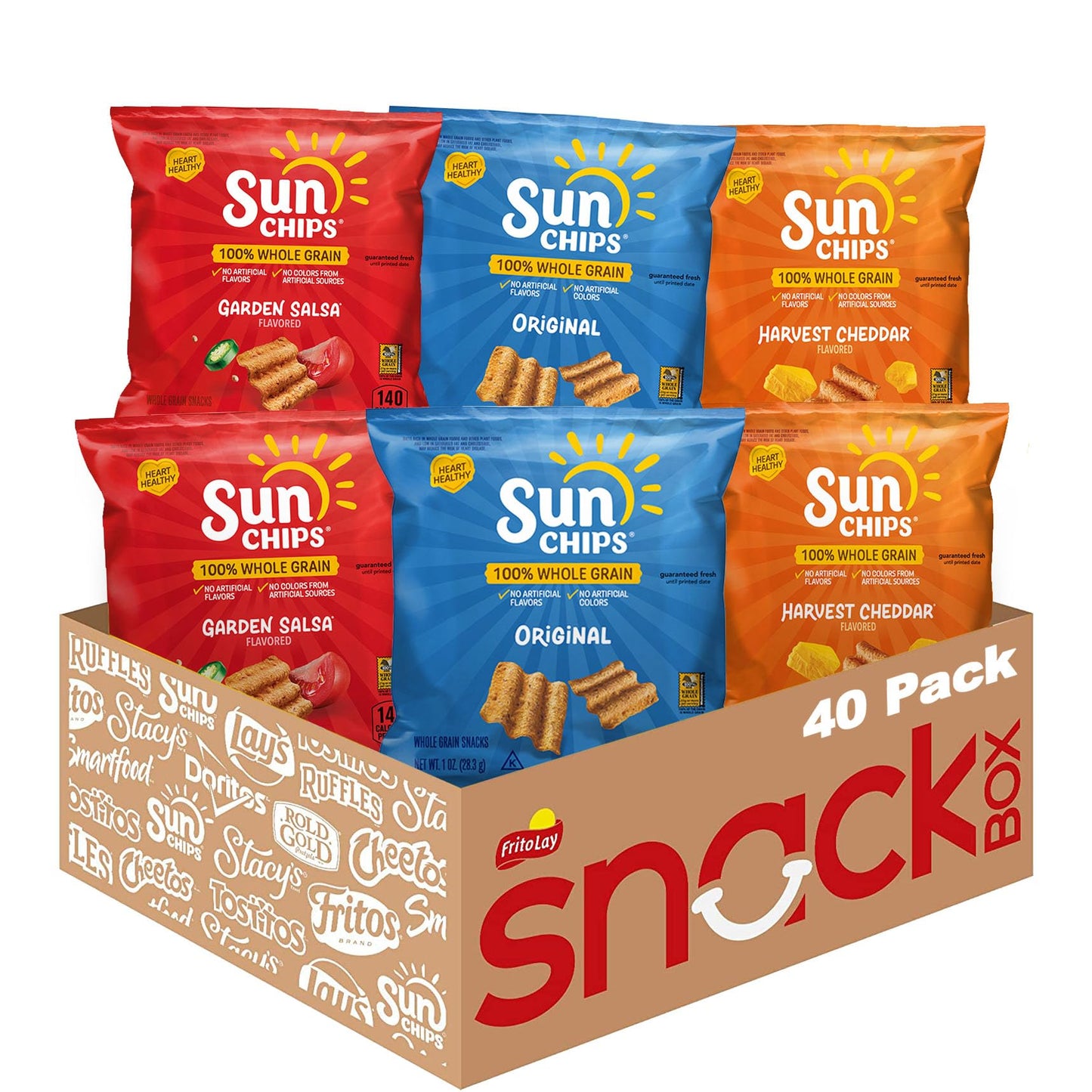 SunChips 100% Whole Grain Chips, Variety Pack, 1 oz Bags, Pack of 40, No Artificial Flavors, No Colors from Artificial Sources